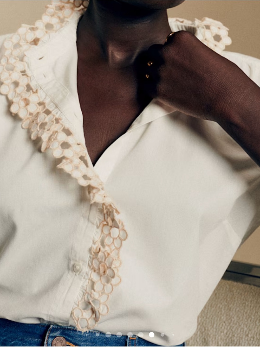 Sezane Ivory Button-Down Shirt with Floral Lace Trim